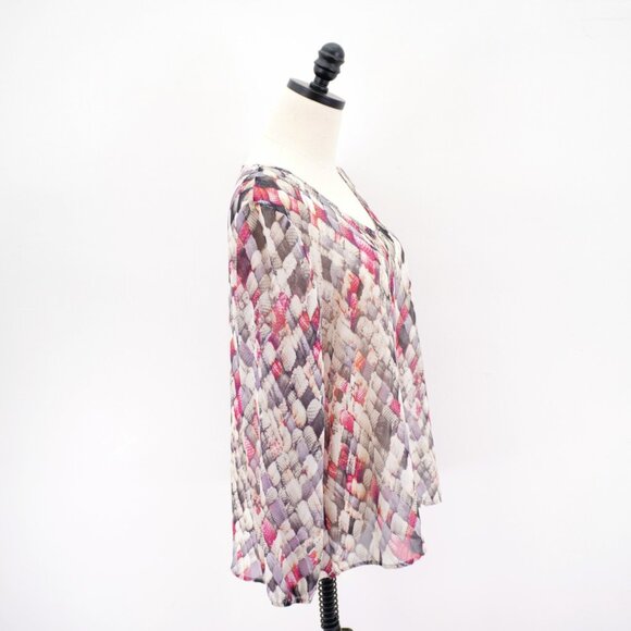 Liz Claiborne Petite PXL Sheer Gray Cream‎ Red Blouse Round Neck Top Long Sleeve - Picture 6 of 9